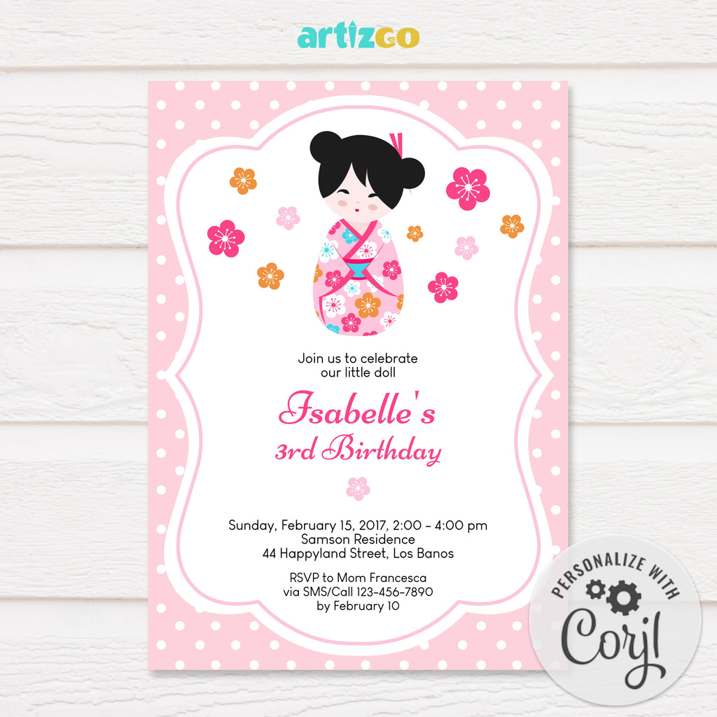 Editable Kokeshi Doll Birthday Invitation Printable by Artizgo