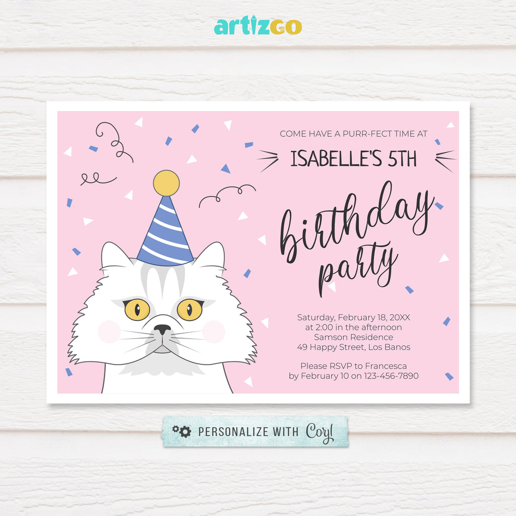 Editable Persian Cat Purr-ty Birthday Invitation Printable by Artizgo