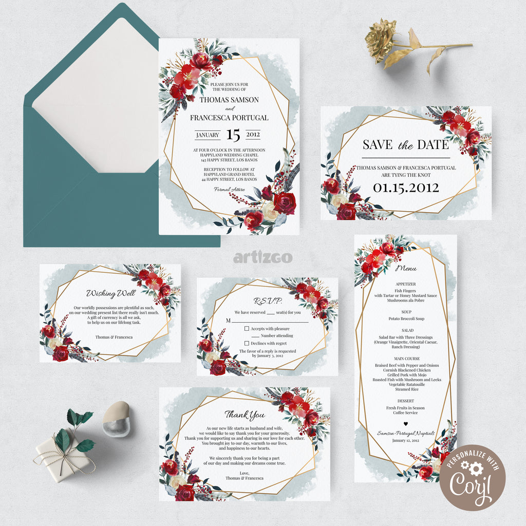 Editable Gold Geometric Boho Watercolor Floral Wedding Invitation Bundle by Artizgo