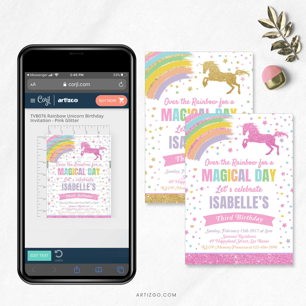 Editable Rainbow Unicorn Birthday Invitation Printable by Artizgo