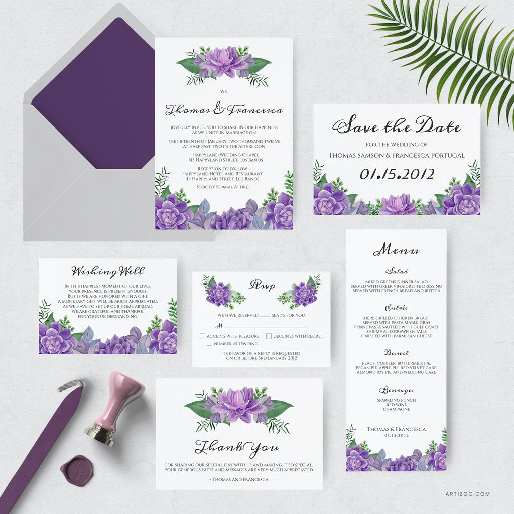 Purple Succulents Wedding Printable Bundle featuring invitations, RSVP cards, save-the-dates, menus, thank-you cards, and more.