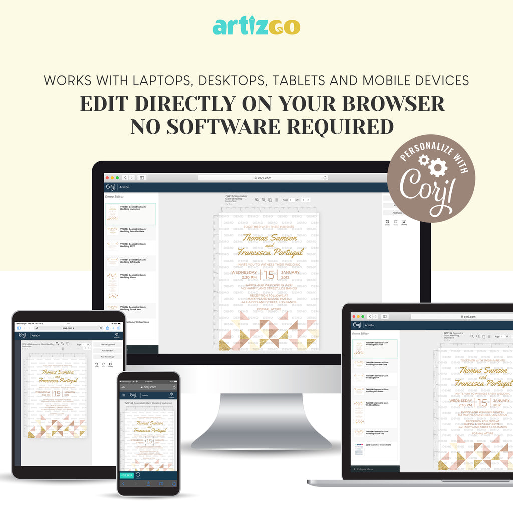 Geometric Glam Wedding Printable editable on smartphone, tablet, and computer