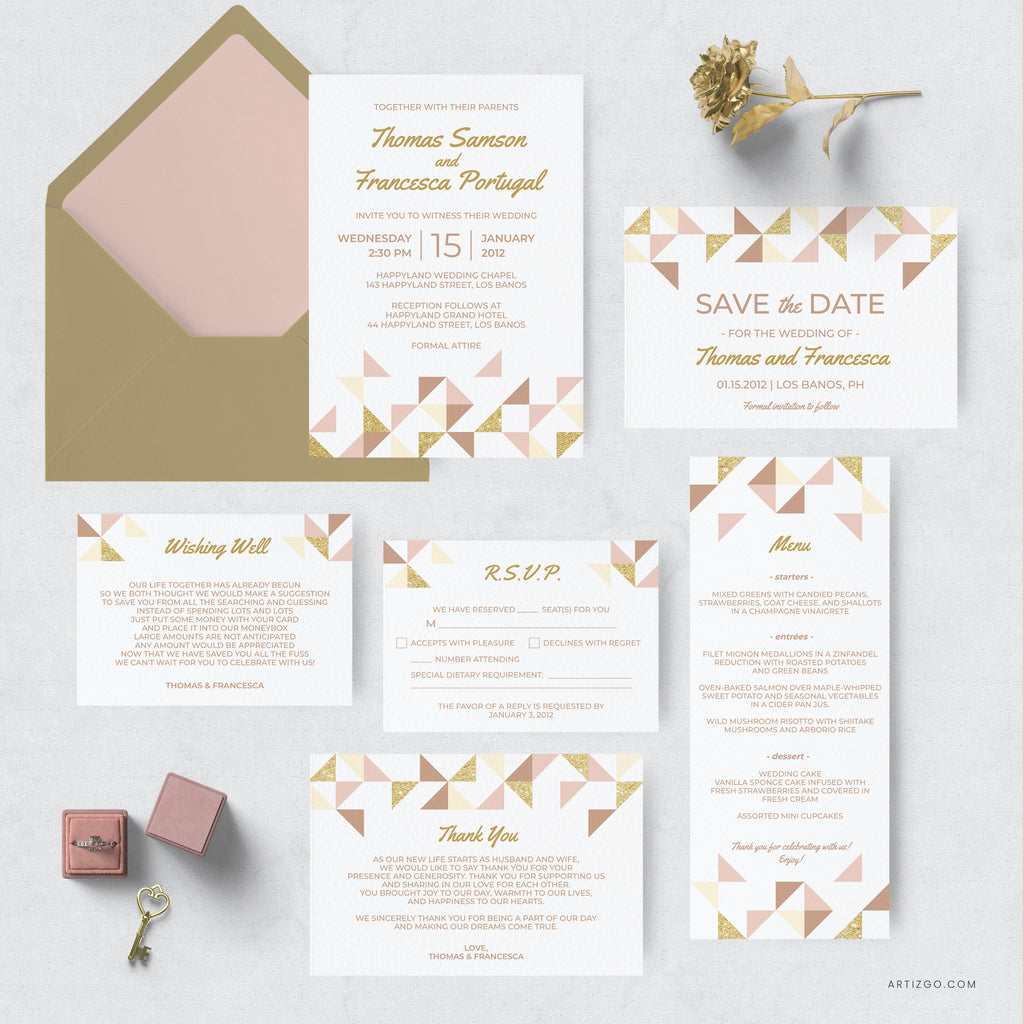 Geometric Glam Wedding Printable Bundle featuring blush, gold, and modern geometric designs with invitations, RSVP, menu, and thank-you cards.