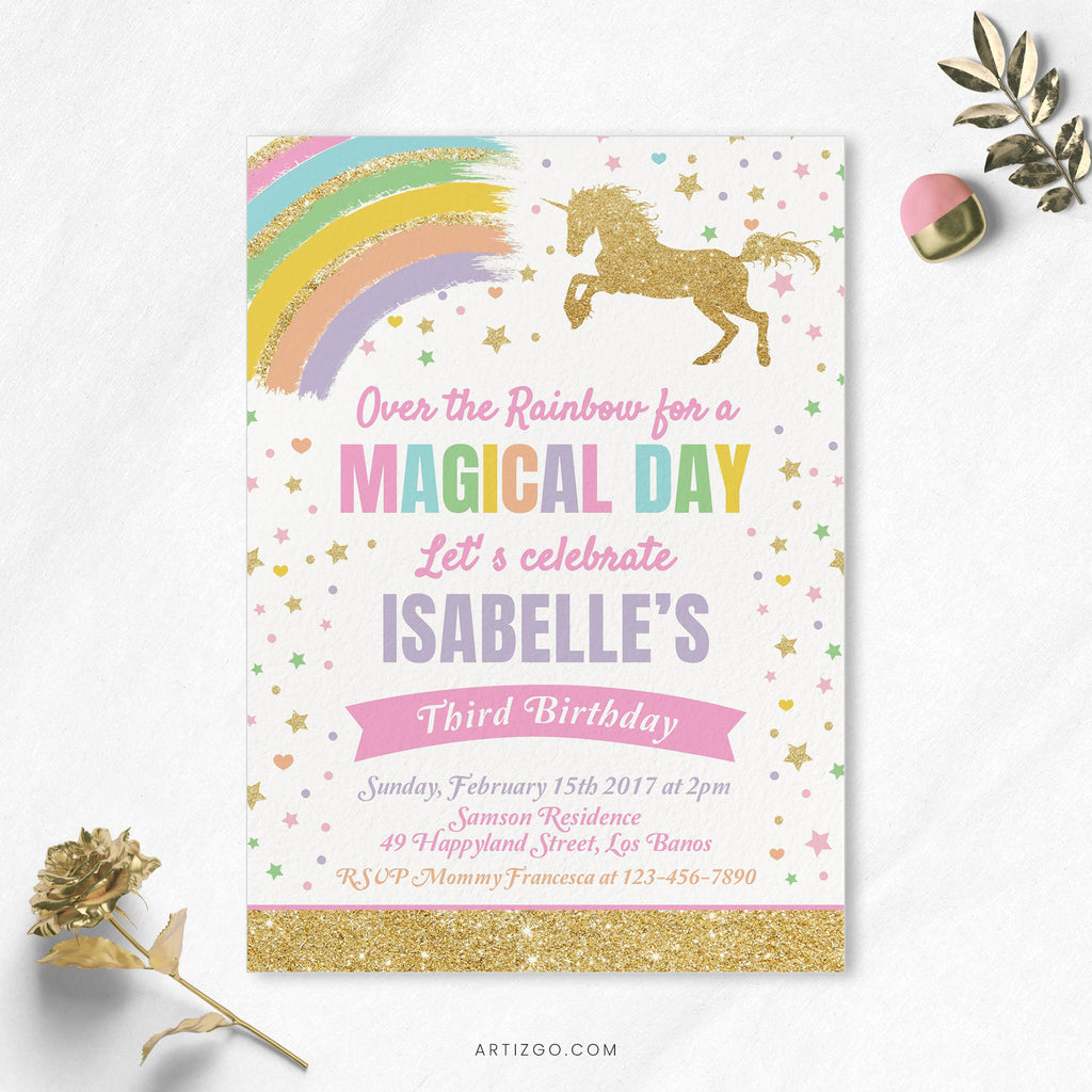 Editable Rainbow Unicorn Birthday Invitation Printable in Gold Glitter by Artizgo