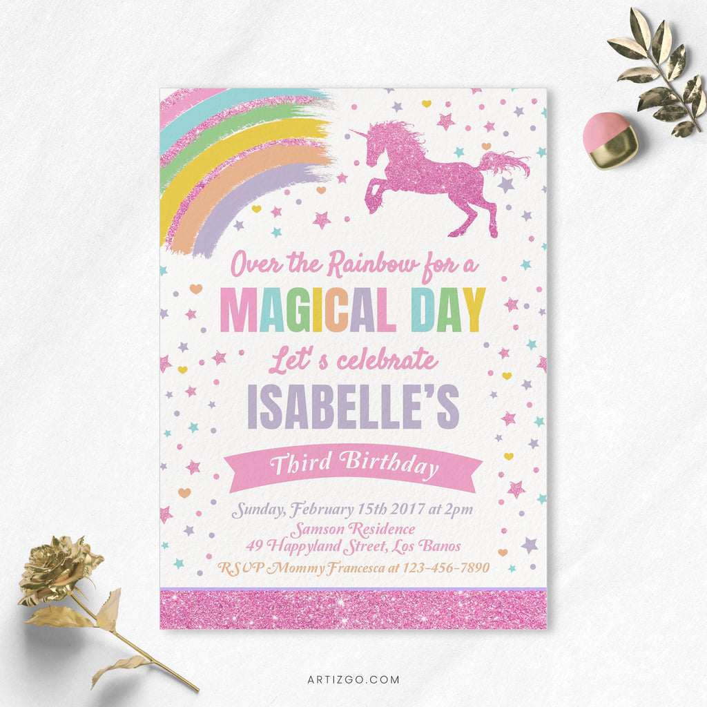 Editable Rainbow Unicorn Birthday Invitation Printable in Pink Glitter by Artizgo