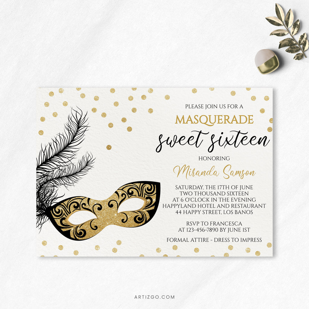 Editable Sparkly Masquerade Birthday Invitation Printable by Artizgo