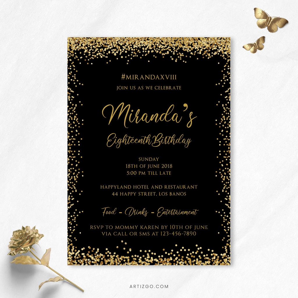 Editable Gold Glitter Confetti Birthday Invitation Printable by Artizgo