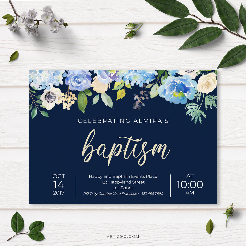 TVC116 Navy Floral Baptism Invitation Printable by Artizgo