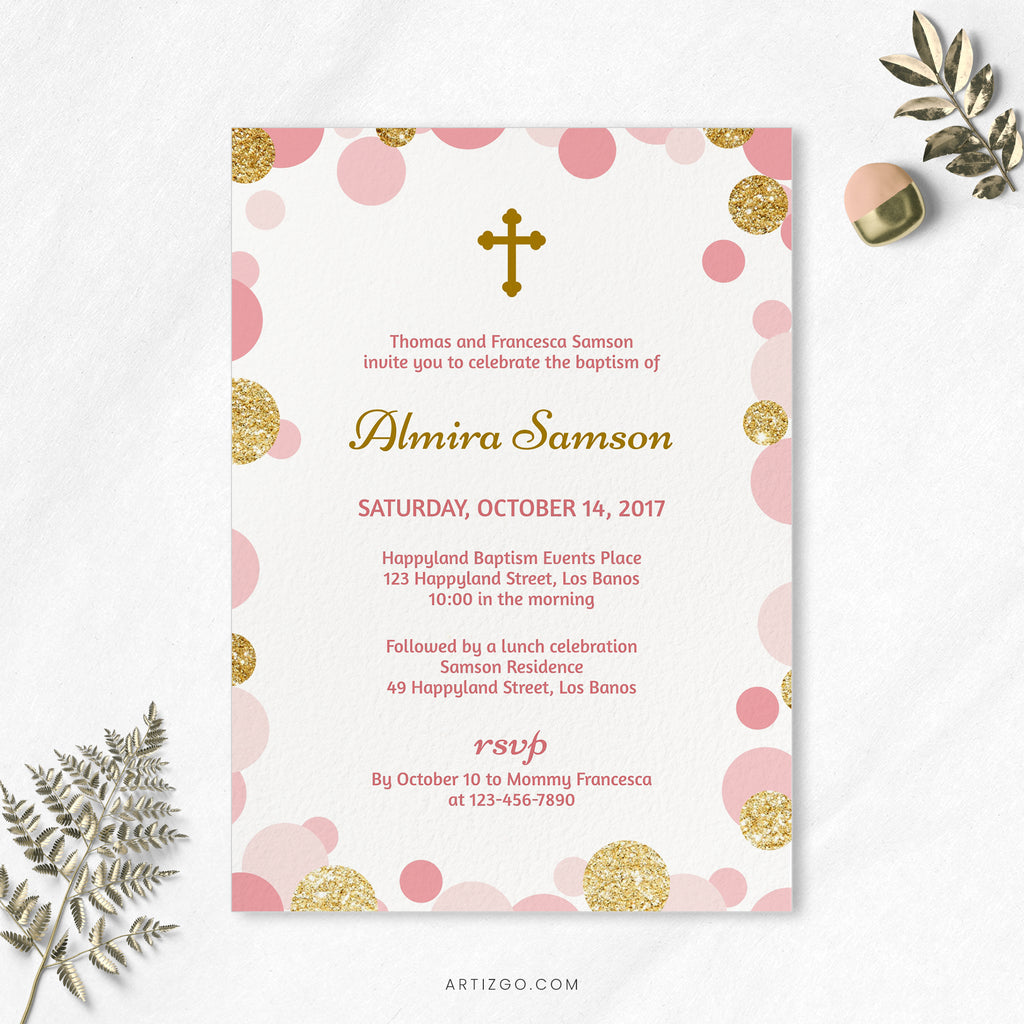 Editable Pink and Gold Confetti Baptism Invitation Printable by Artizgo