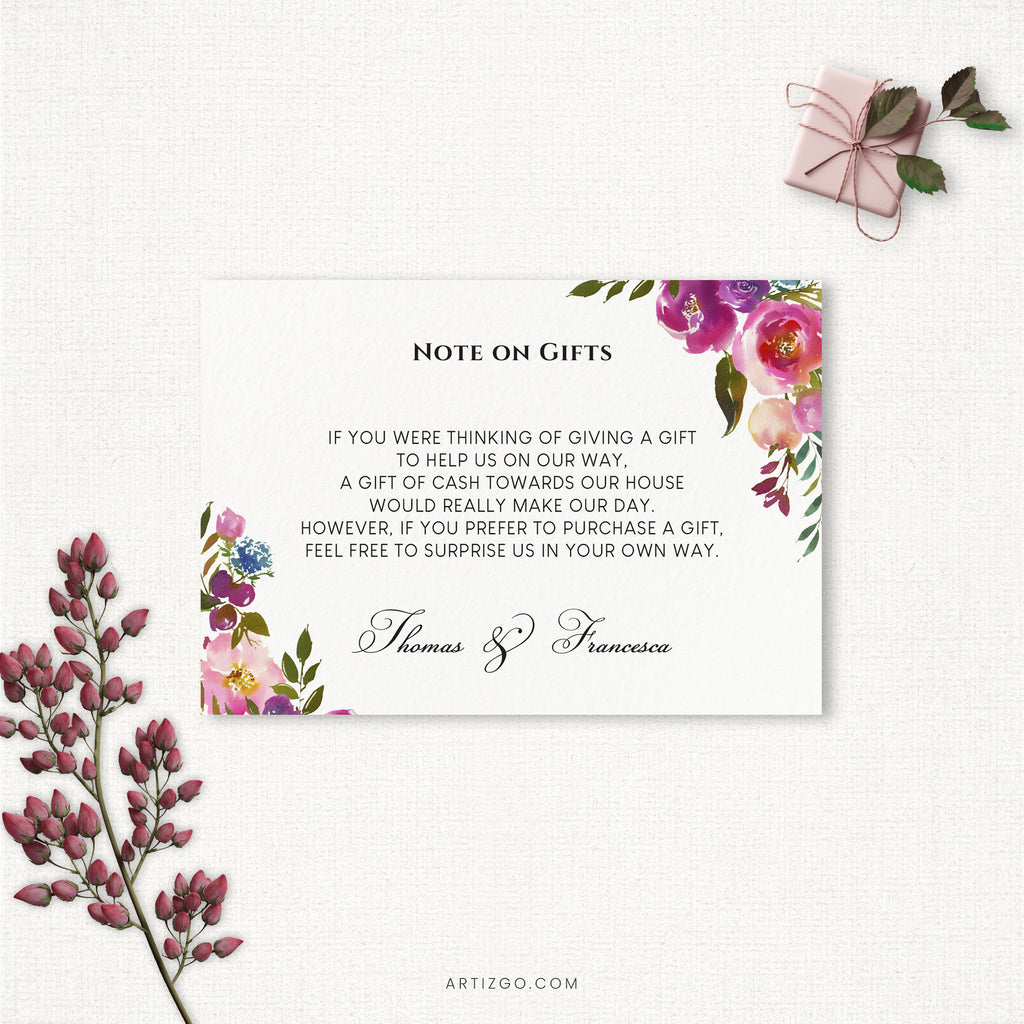 Editable Spring Lush Wedding Note on Gifts Card Printable by Artizgo