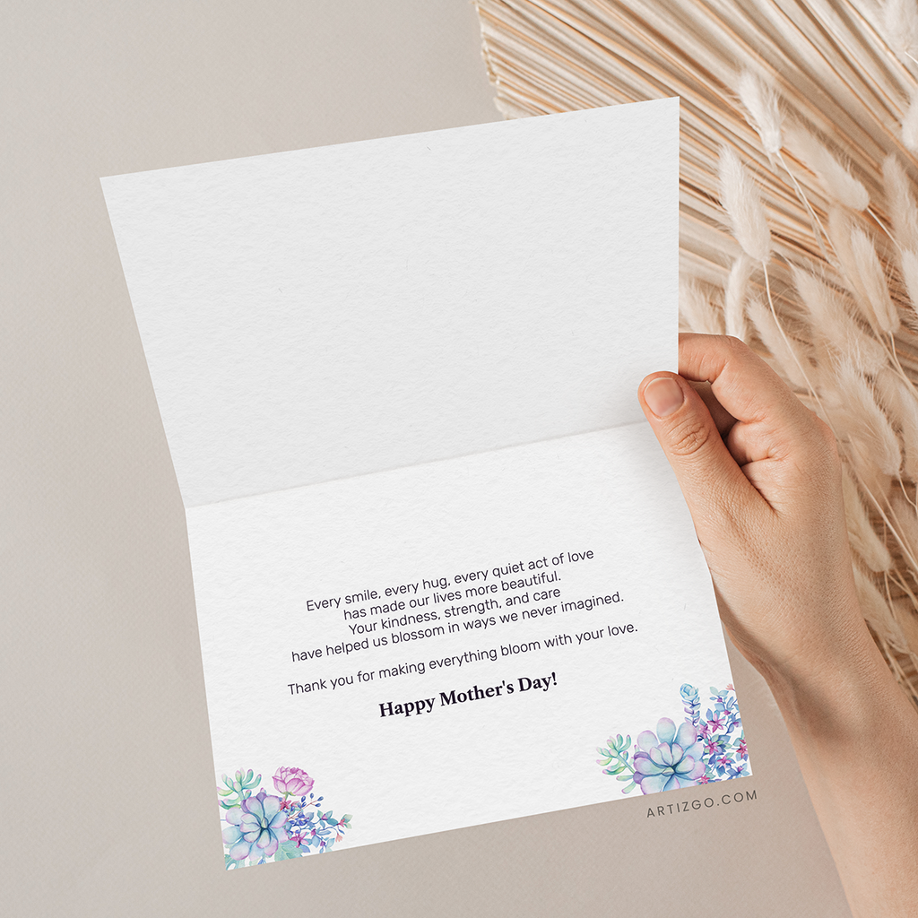 Inside view of a Mother's Day card with pastel succulents decorating the bottom corners and a heartfelt printed message about love, growth, and appreciation for Mom’s nurturing care.