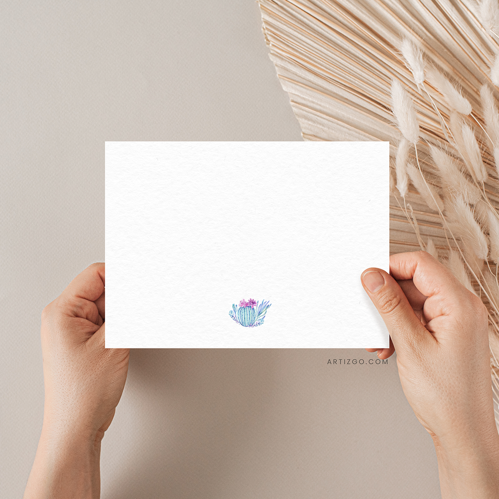 Back of the greeting card with a small watercolor cactus and succulent cluster centered near the bottom, on a white background.