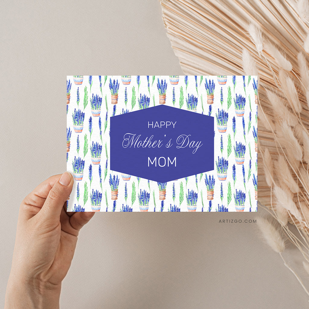 Watercolor Mother's Day card front with potted lavender flowers and the message "Happy Mother's Day Mom!" in elegant script.