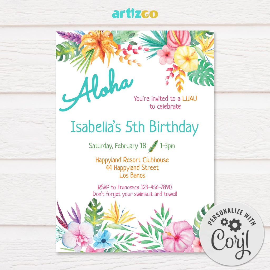 Editable Aloha Hawaiian Birthday Invitation Printable