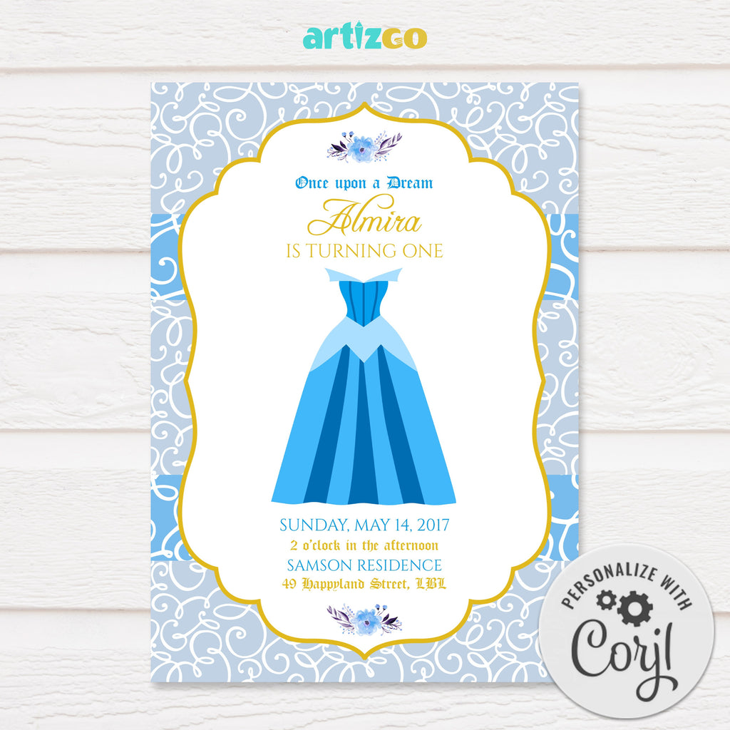 Editable Aurora Dress Birthday Invitation Printable in Blue