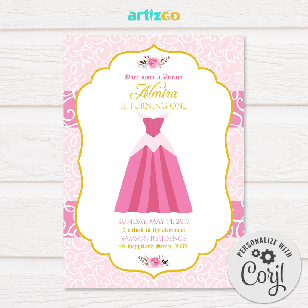 Editable Aurora Dress Birthday Invitation Printable in Pink