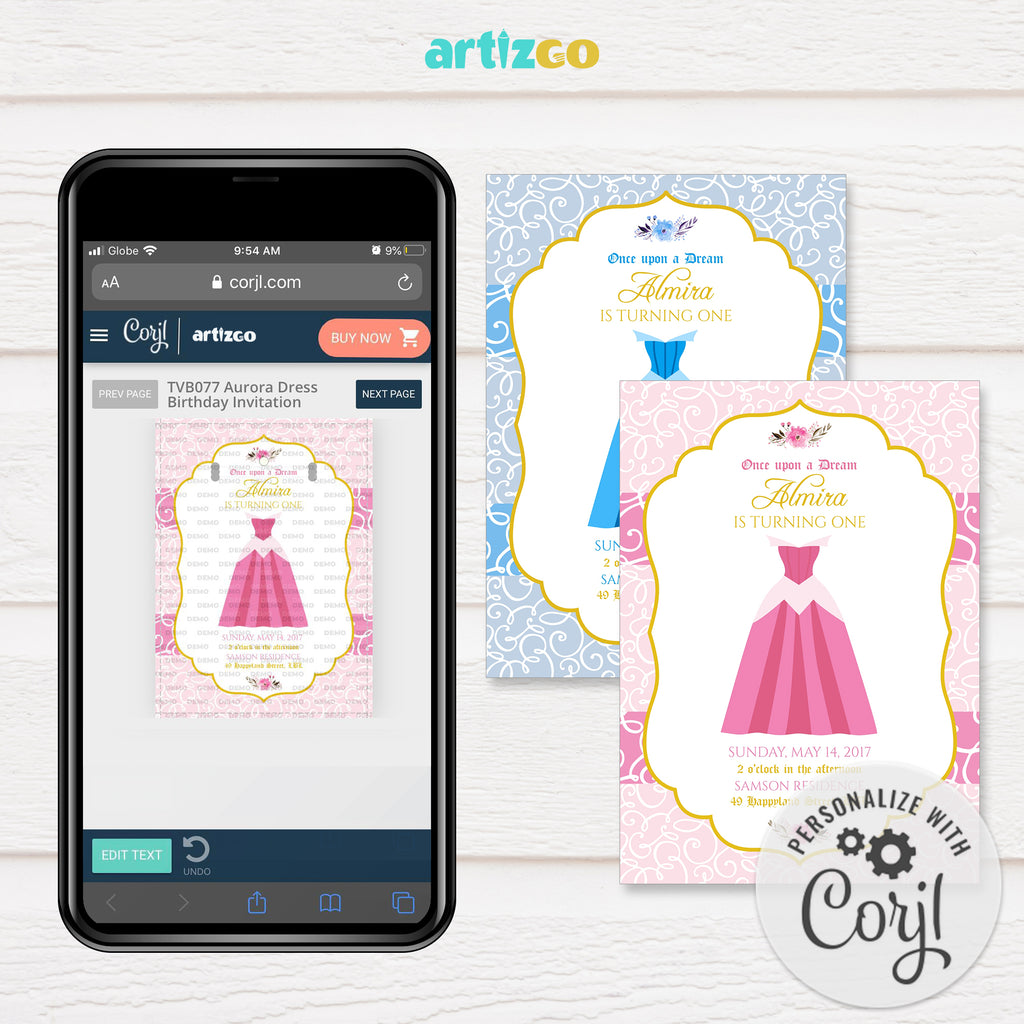 Editable Aurora Dress Birthday Invitation Printable by Artizgo