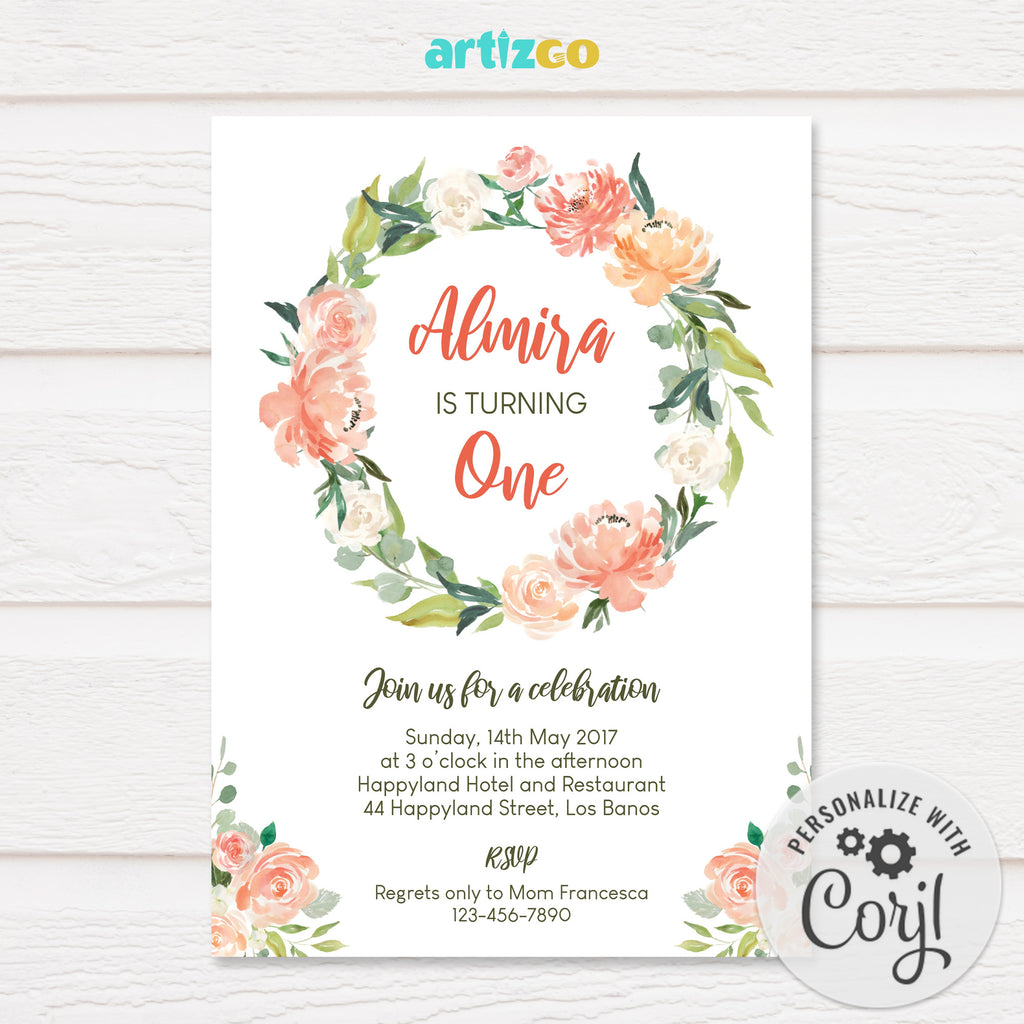 Editable Peach Watercolor Floral Wreath Birthday Invitation Printable by Artizgo