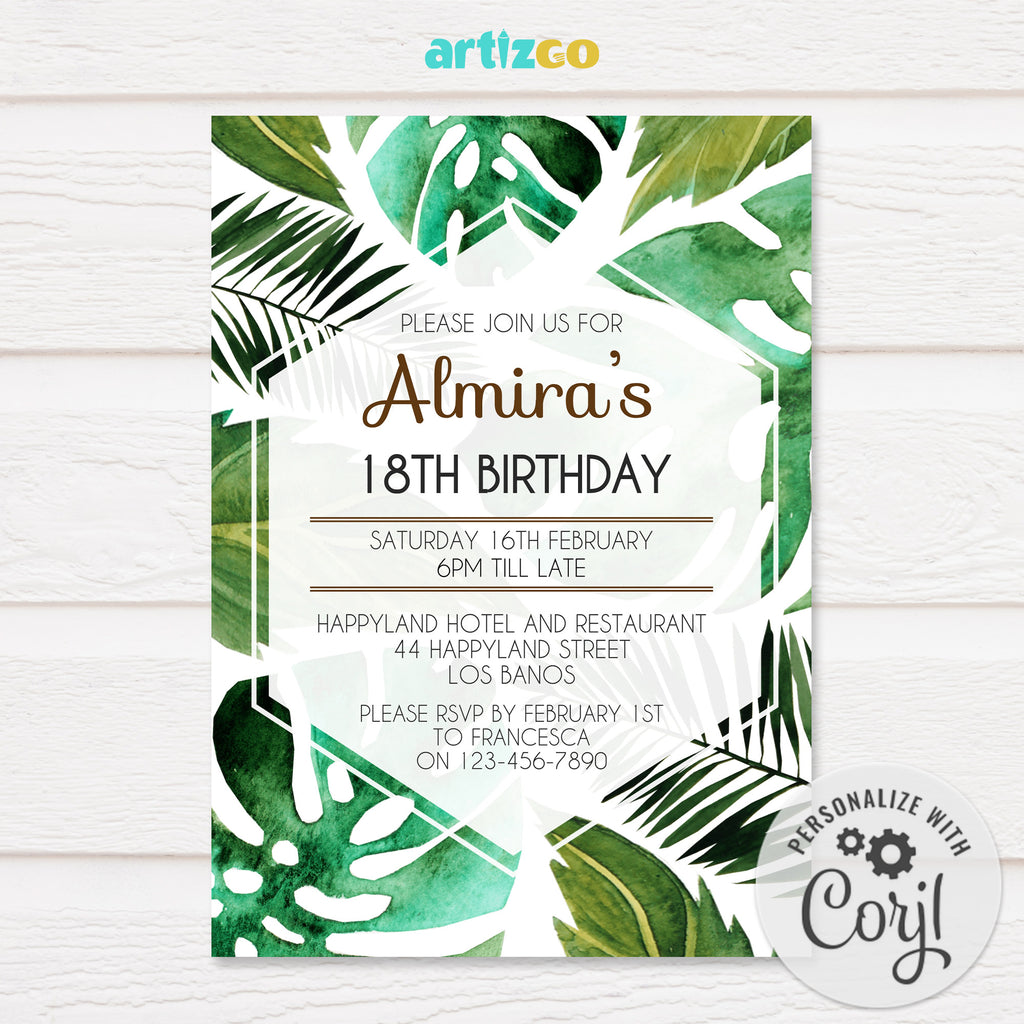 Editable Tropical Leaves Watercolor Birthday Invitation Printable by Artizgo