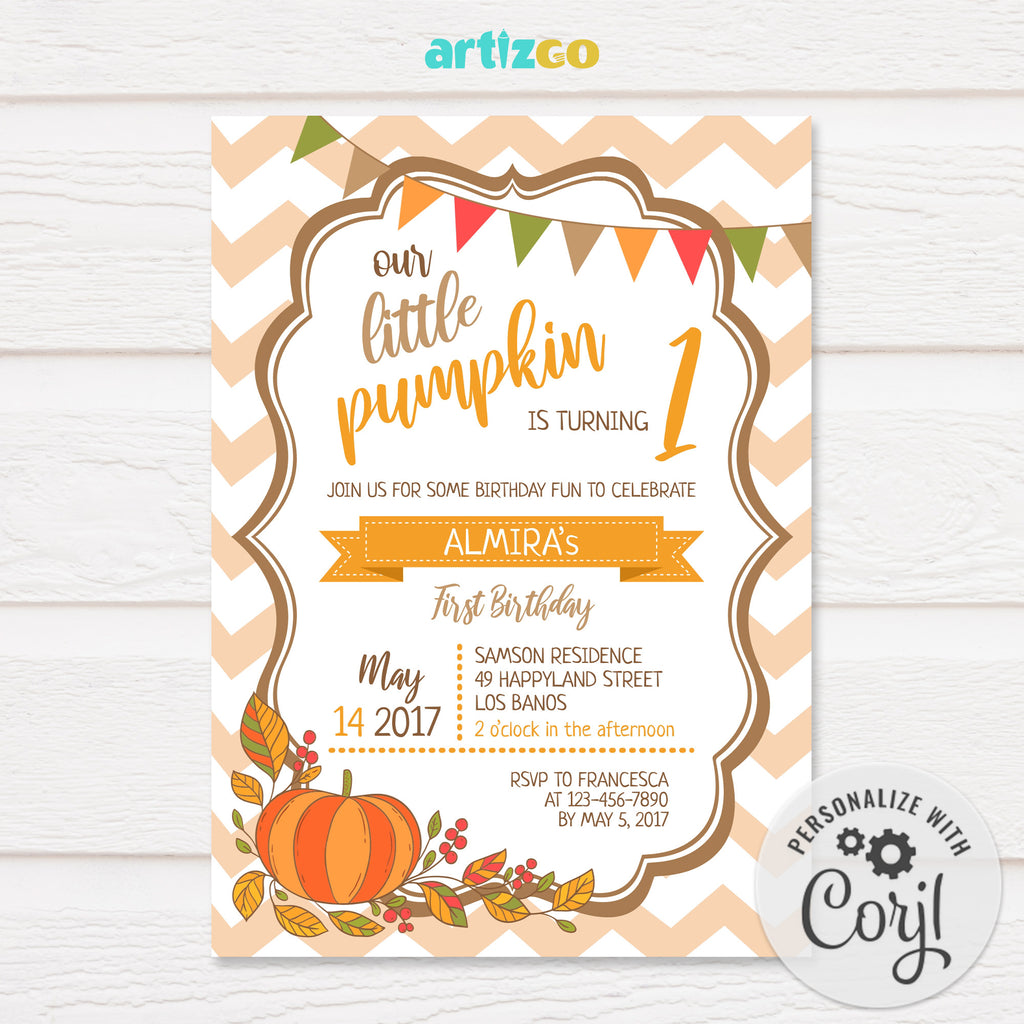 Editable Little Pumpkin Birthday Invitation Printable by Artizgo