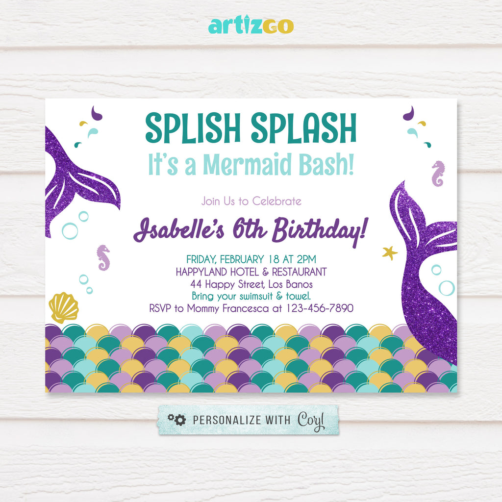 Editable Mermaid Birthday Invitation Printable by Artizgo