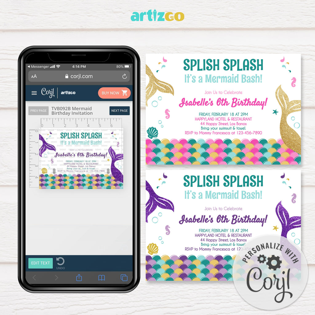 Editable Mermaid Birthday Invitation Printable by Artizgo