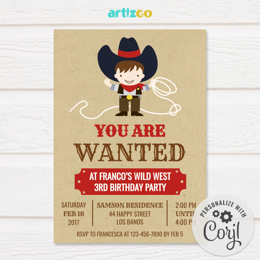 Editable Cowboy Fun Birthday Invitation Printable by Artizgo