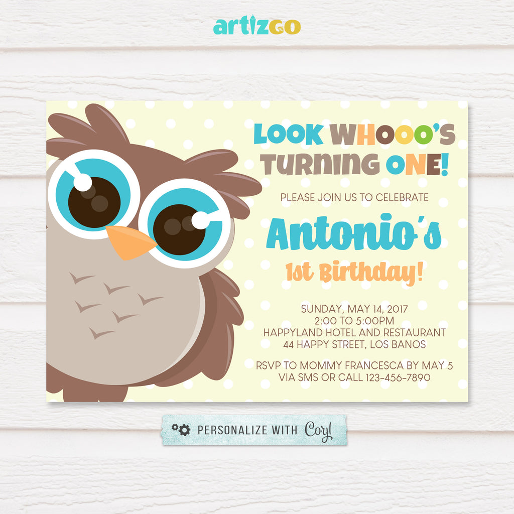 Editable Owl Birthday Invitation Printable by Artizgo
