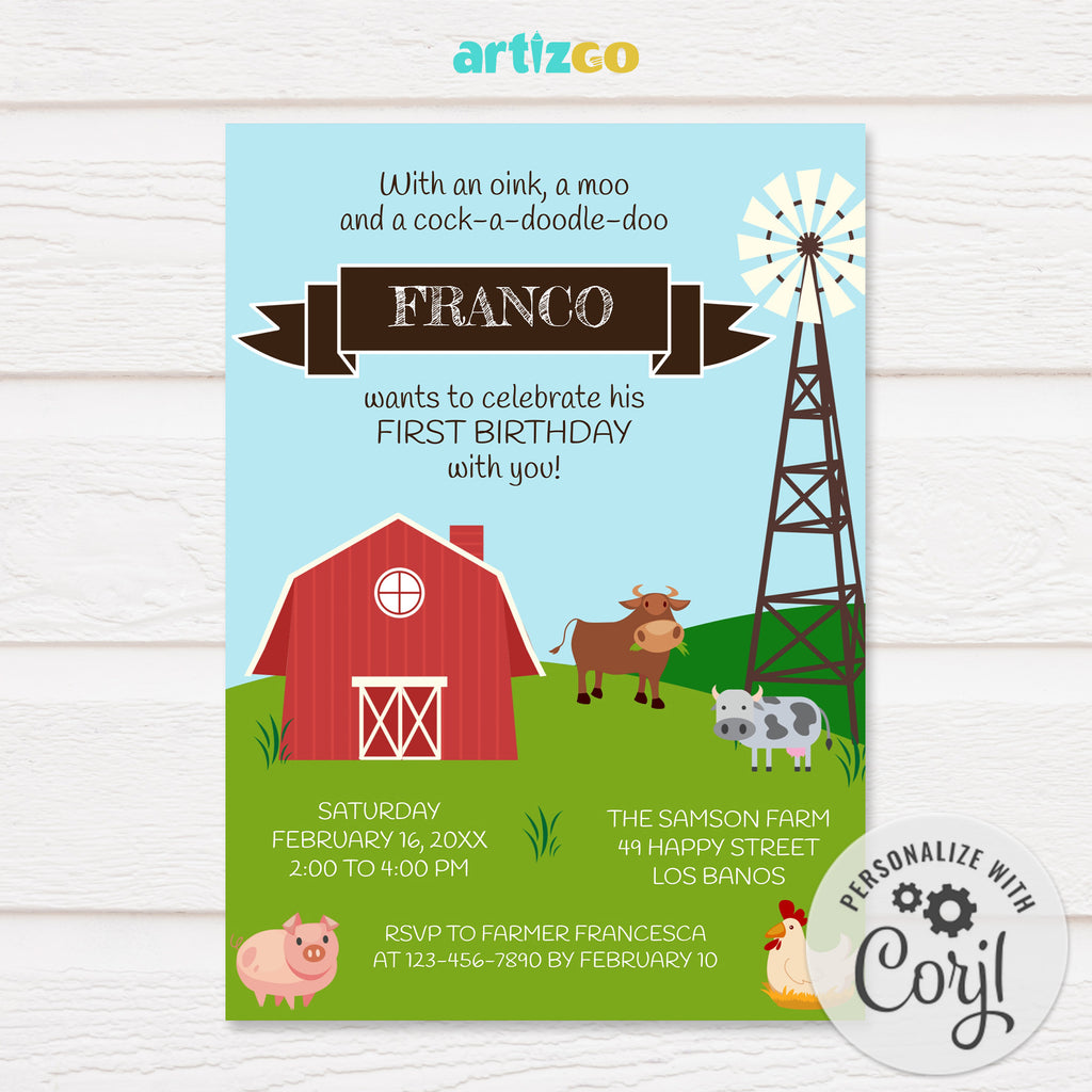 Editable Farm Animals Barn Theme Birthday Invitation Printable by Artizgo