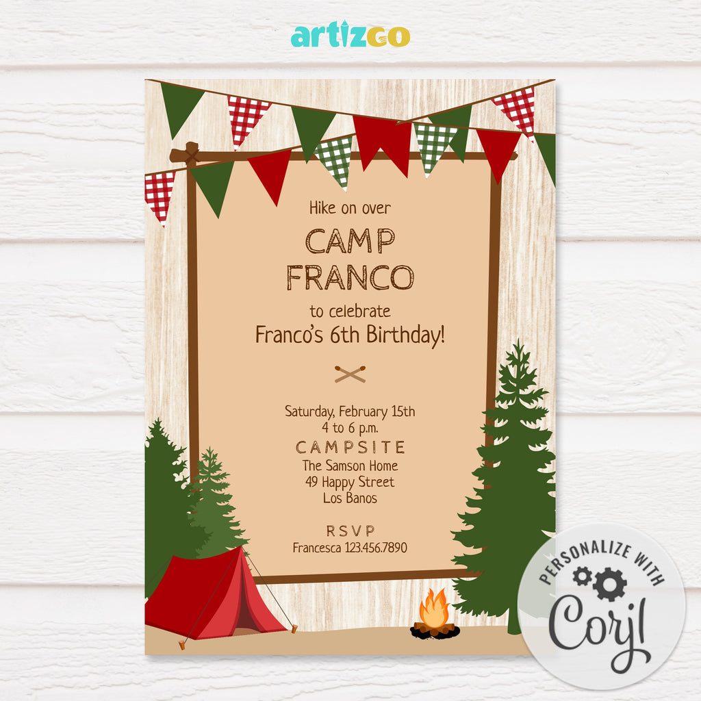 Editable Christmas Woodland Camp Birthday Invitation Printable by Artizgo