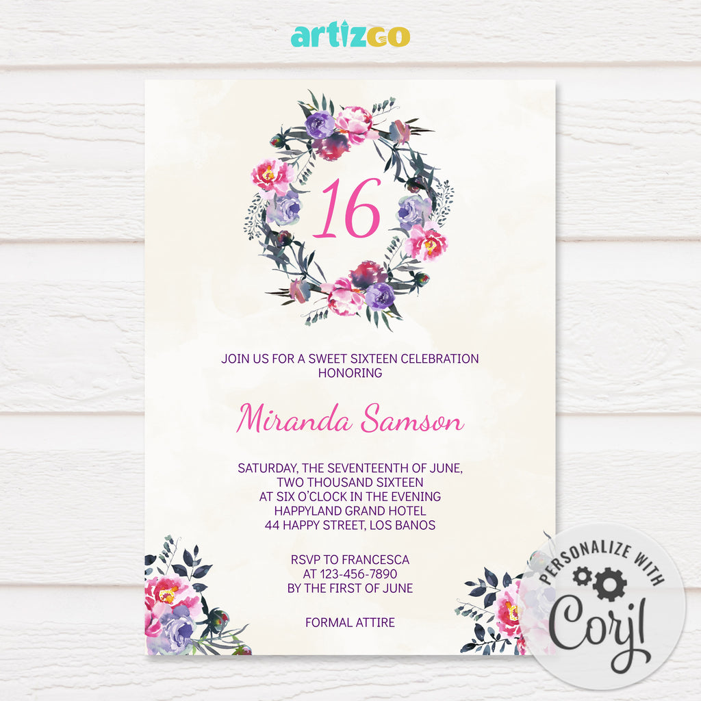 Editable Watercolor Floral Wreath Birthday Invitation Printable by Artizgo