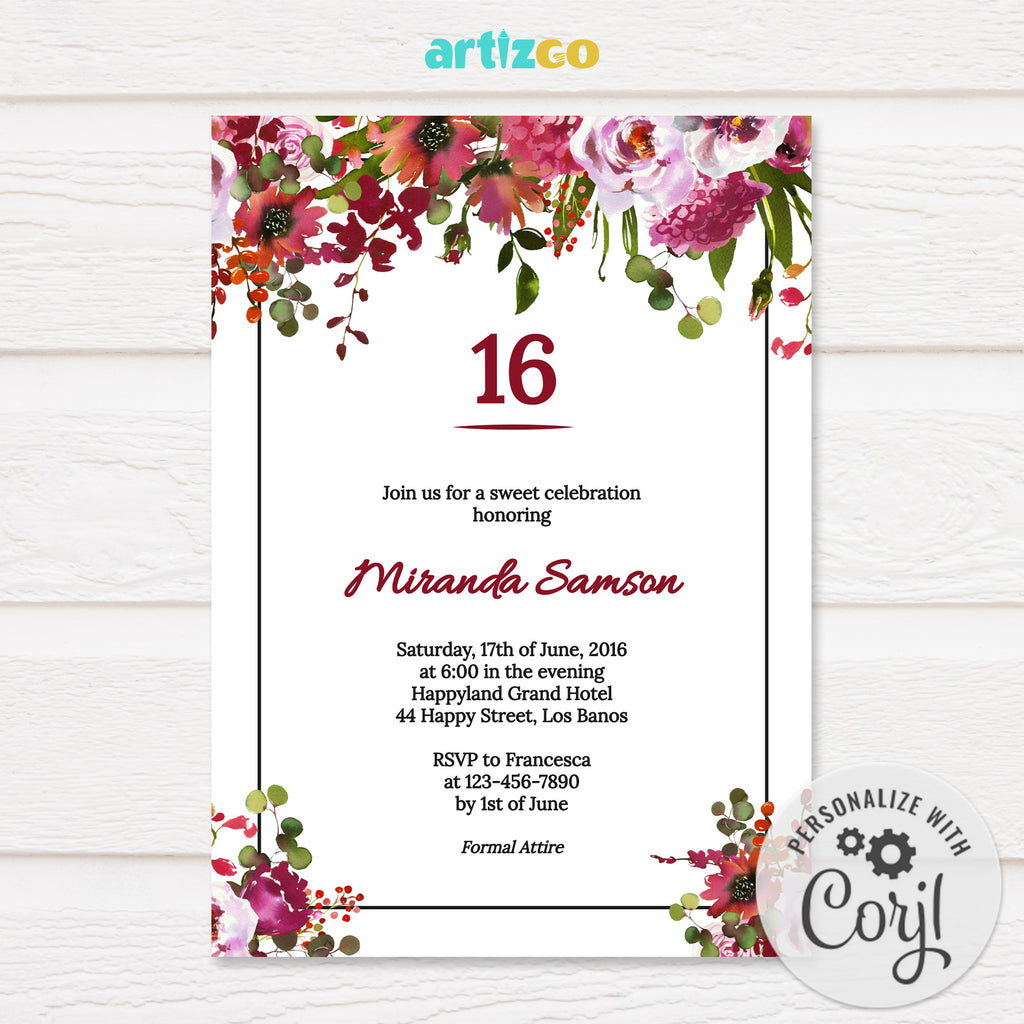 Editable Blushing Blooms Birthday Invitation Printable by Artizgo