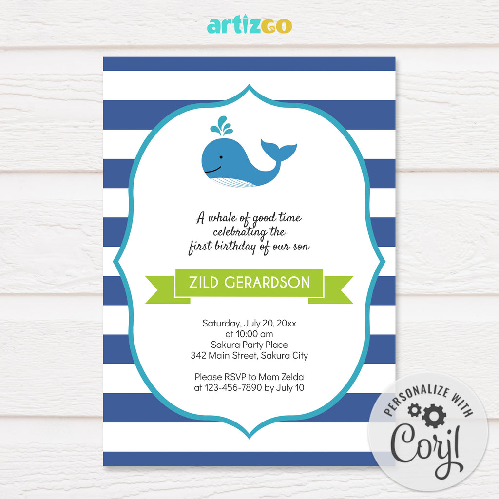 Editable A Whale of A Good Time Birthday Invitation Printable by Artizgo