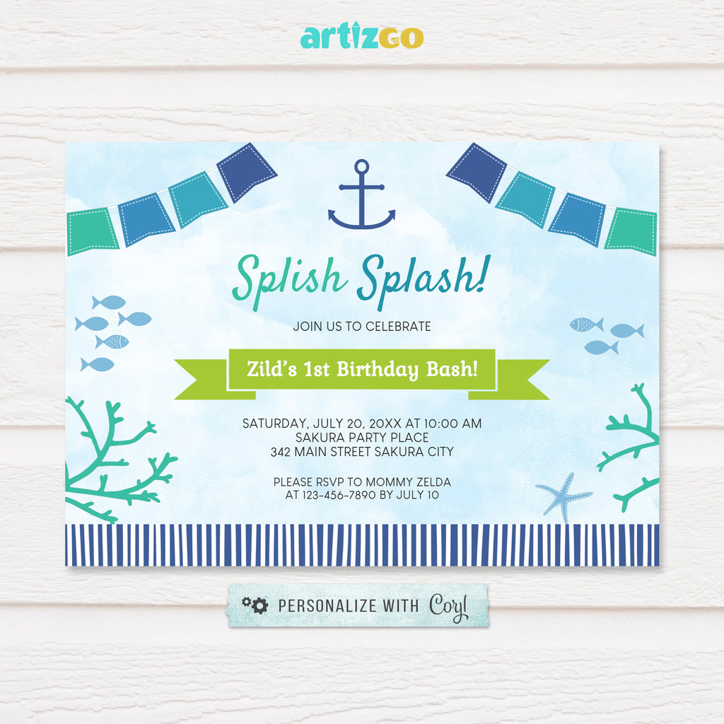 Editable Under the Sea Nautical Birthday Invitation Printable by Artizgo