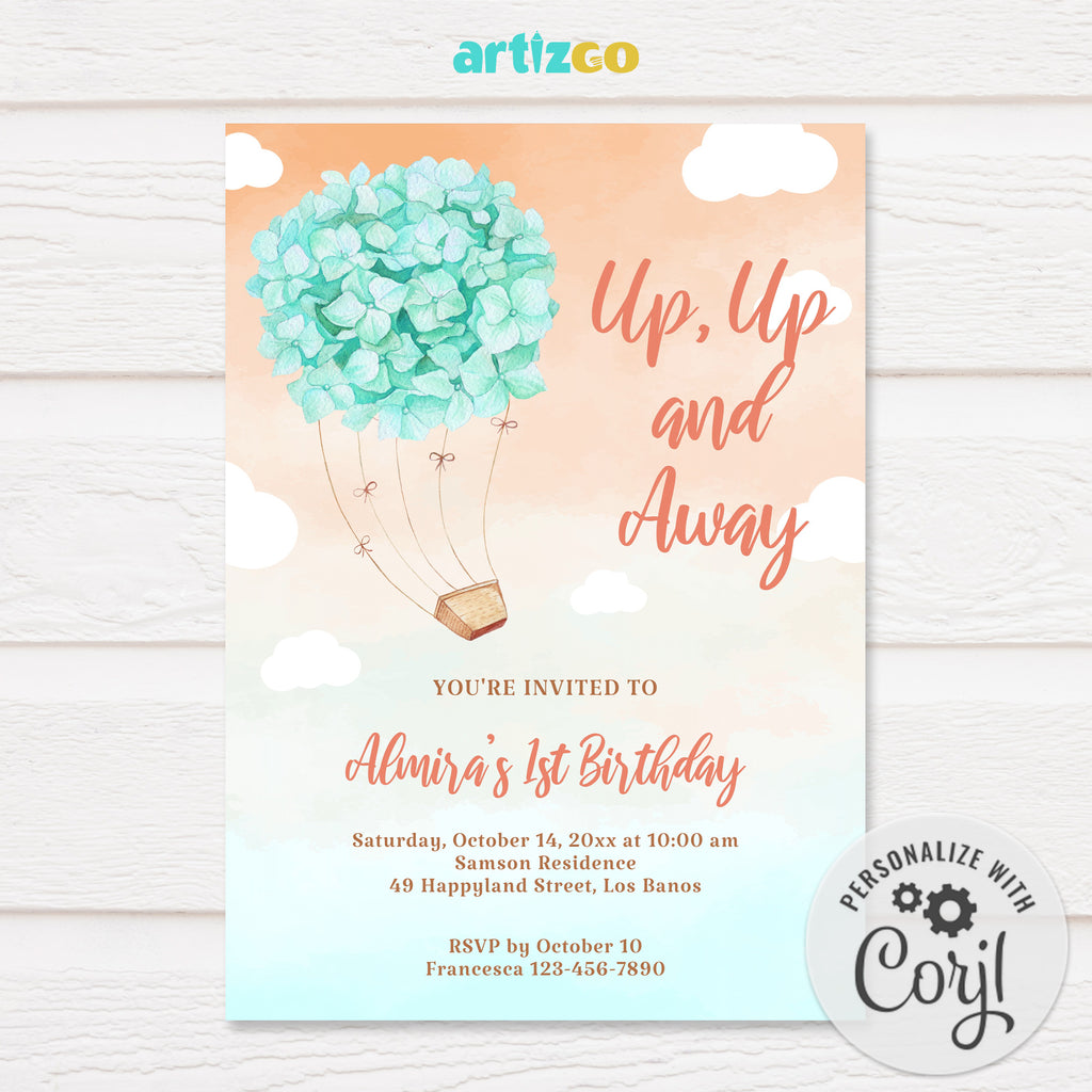 Editable Mint Hydrangea Ride Birthday Invitation Printable by Artizgo