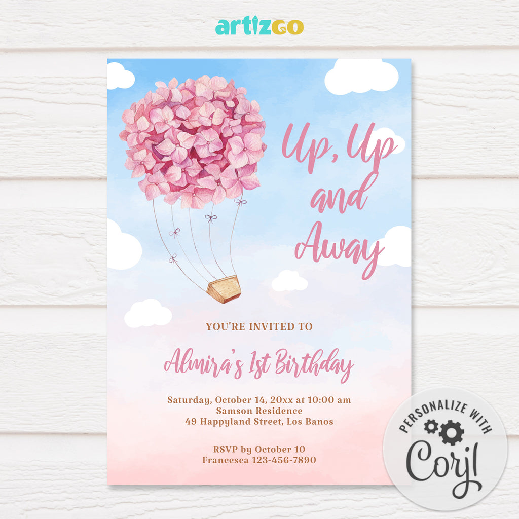 Editable Pink Hydrangea Ride Birthday Invitation Printable by Artizgo