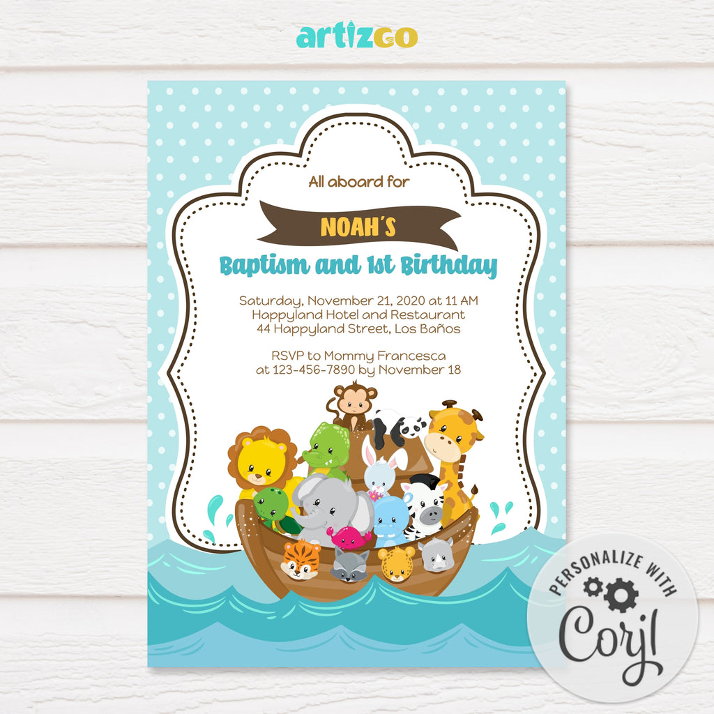 Editable Noah's Ark Baptism and Birthday Invitation Printable by Artizgo