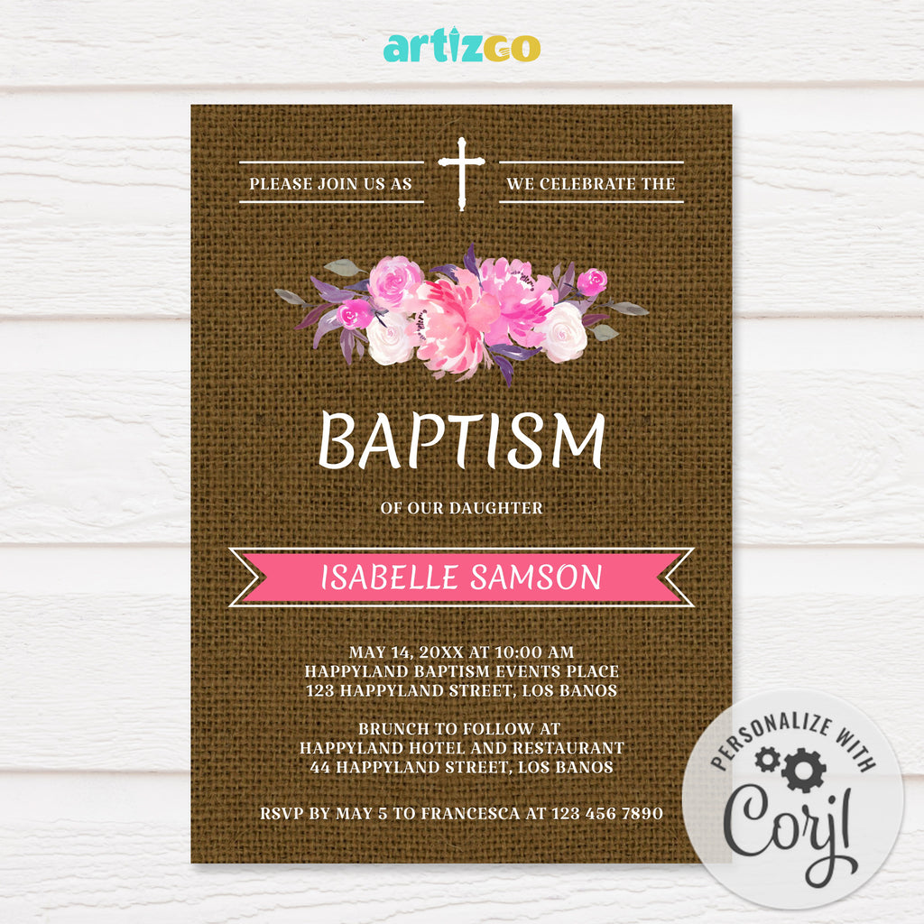 Editable Pink Floral Burlap Baptism Invitation Printable by Artizgo