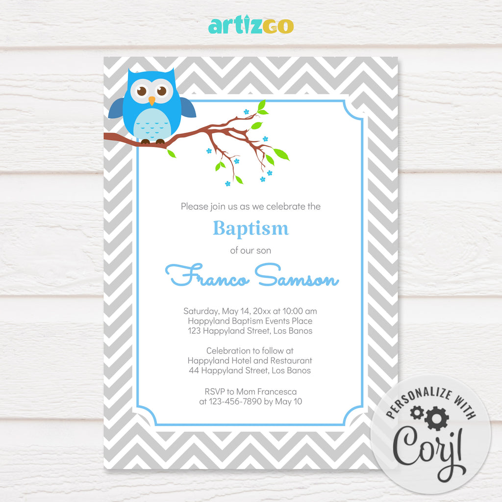 Editable Baby Owl on Branch Baptism Invitation Printabl by Artizgo