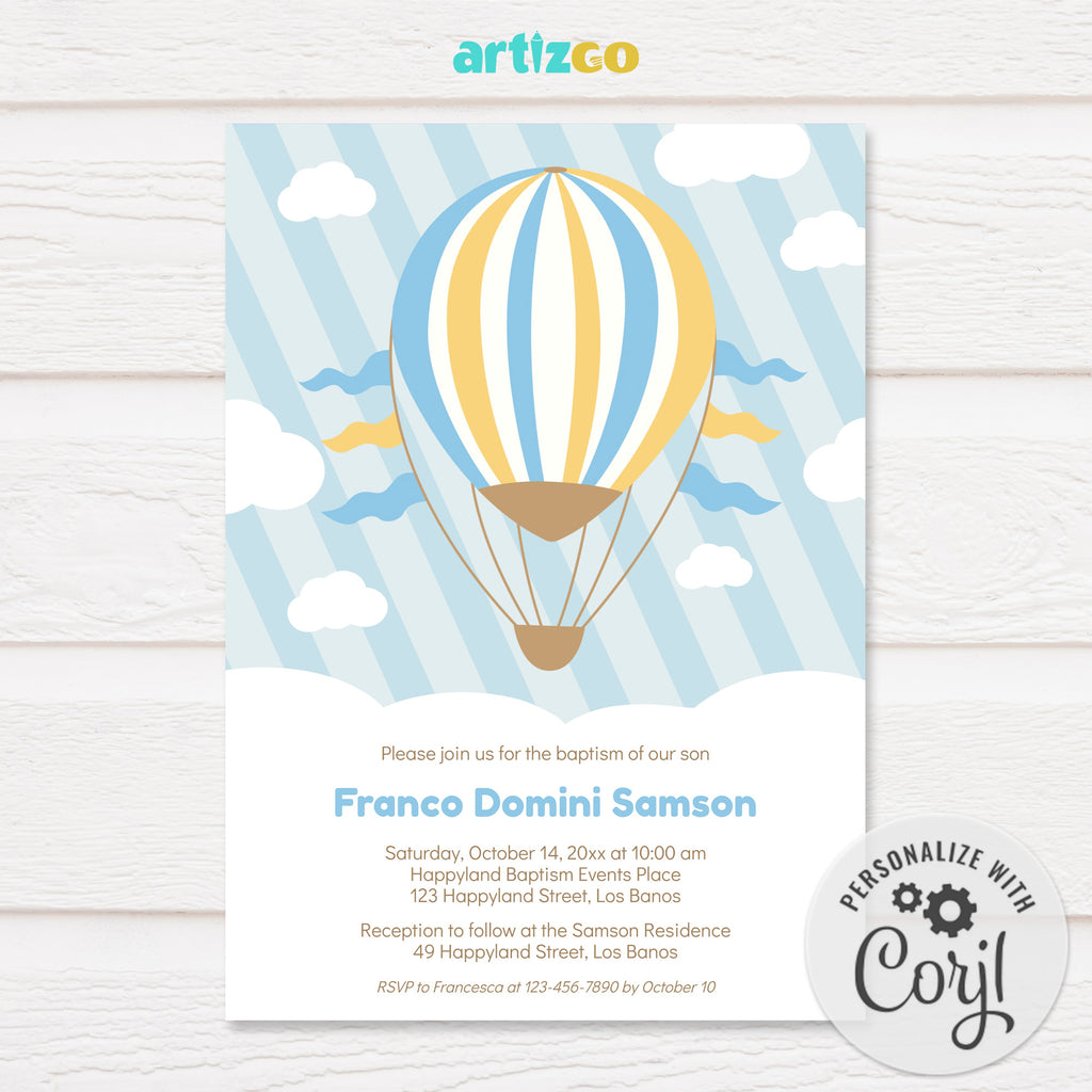 Editable Hot Air Balloon Ride Baptism Invitation Printable by Artizgo - Blue and Yellow