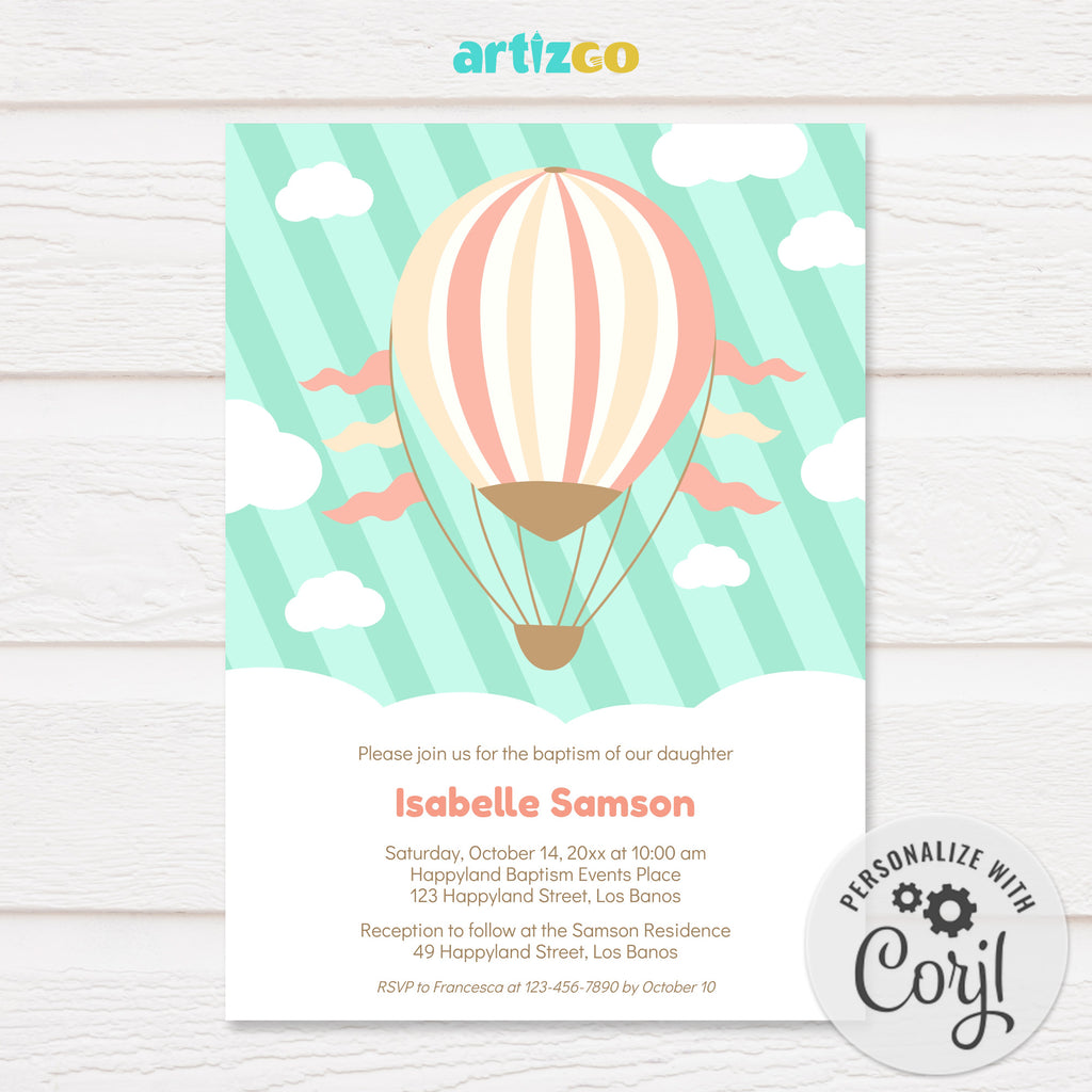 Editable Hot Air Balloon Ride Baptism Invitation Printable by Artizgo - Mint and Peach